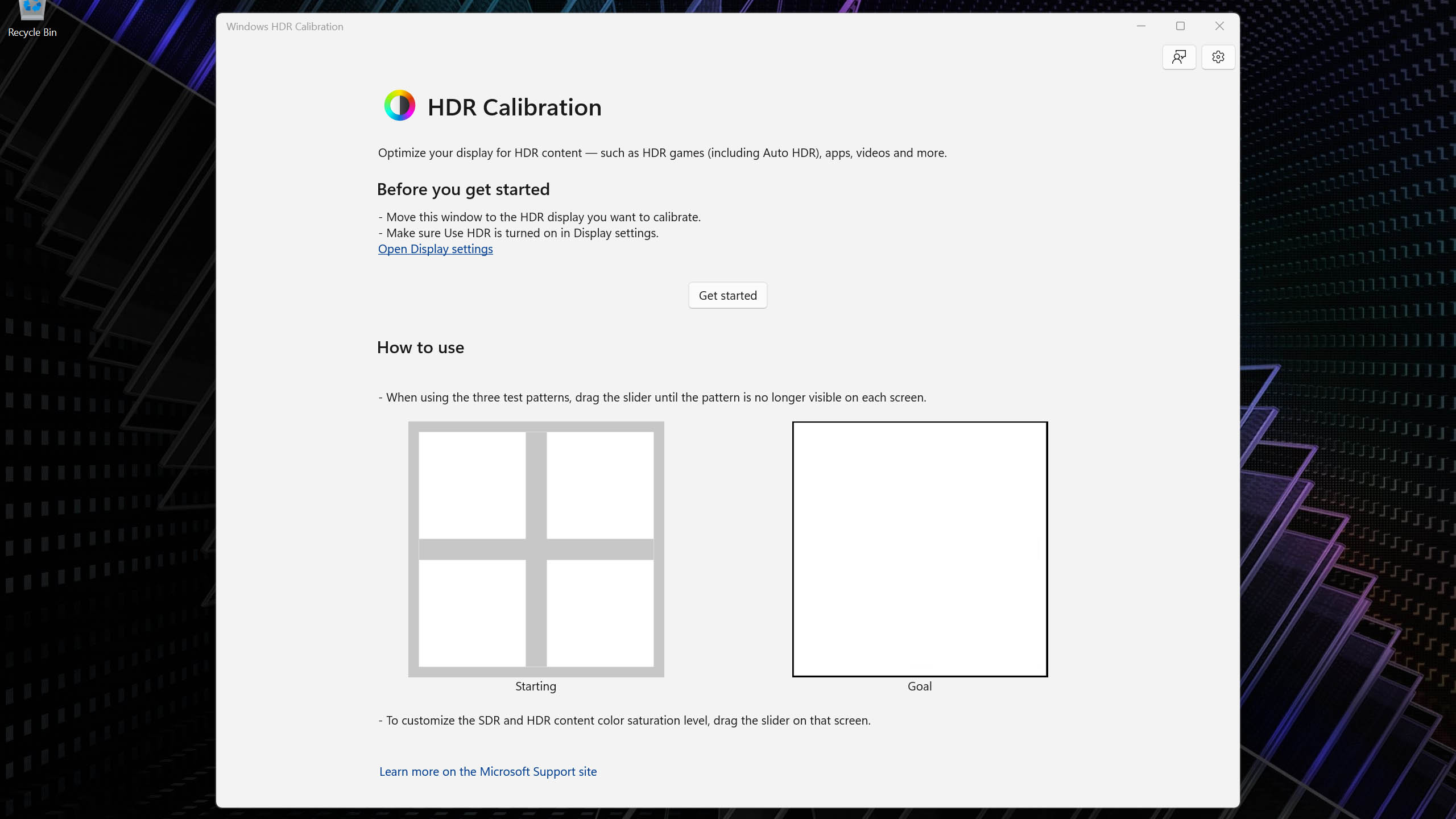 A screenshot of the Windows HDR Calibration app, showing two white boxes.