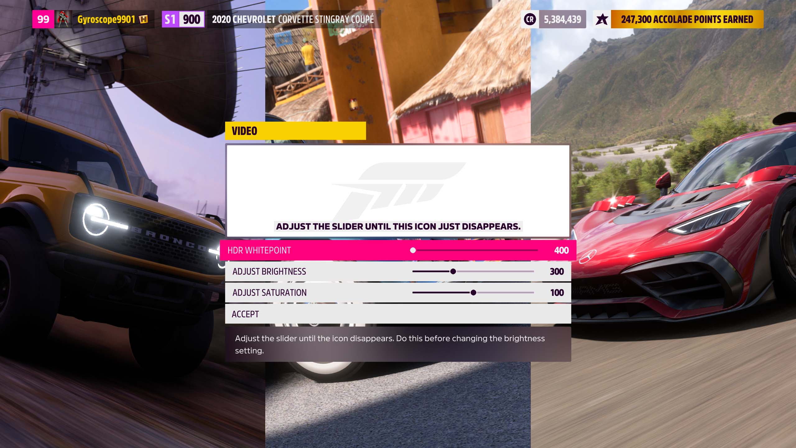 A screenshot of the Forza Horizon 5 HDR settings, with the Forza logo showing in a white box.