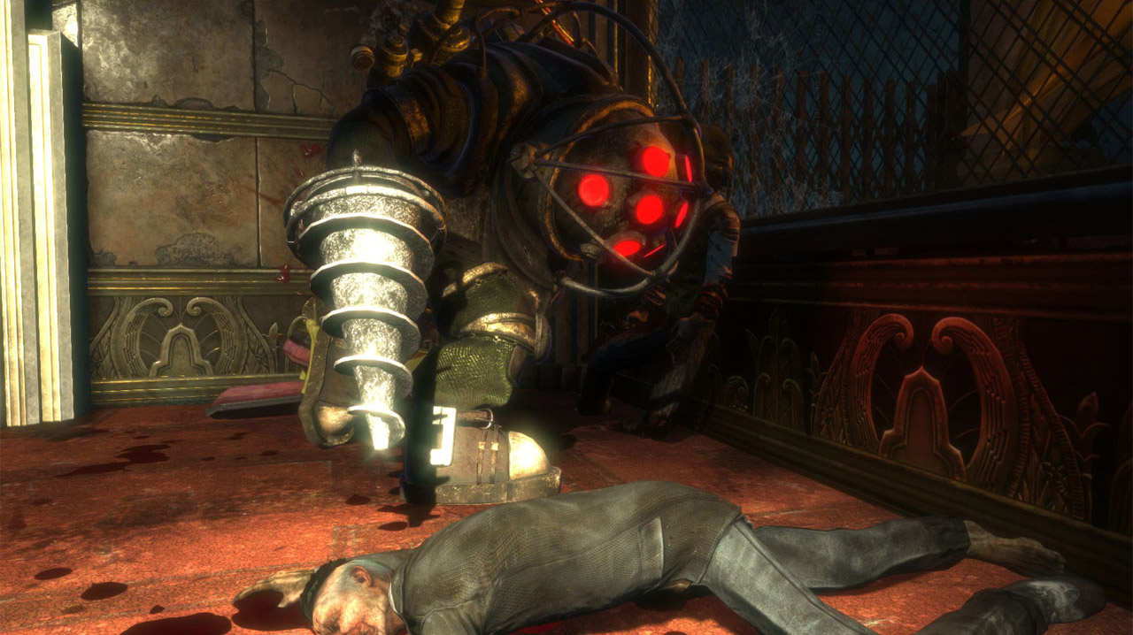 In-game screenshot of a robotic underwater diving suit with a drill for a hand standing over a dead body.