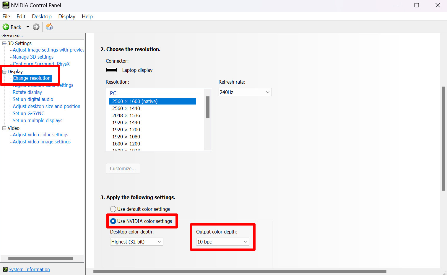 Screenshot of the NVIDIA Control Panel, with the 10-bit color depth option highlighted.