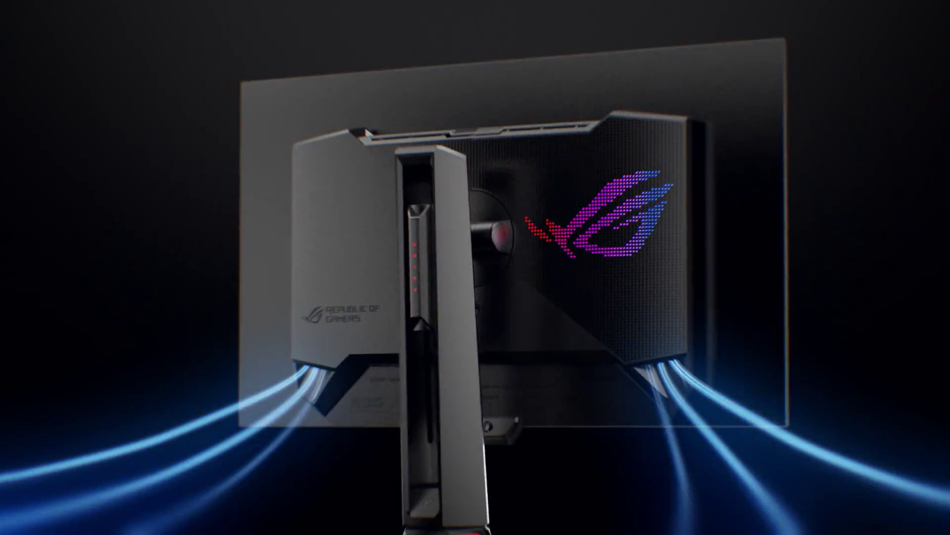 Rückseite des ROG Swift PG27 AQDMs mit einer grafischen Darstellung des Airflows