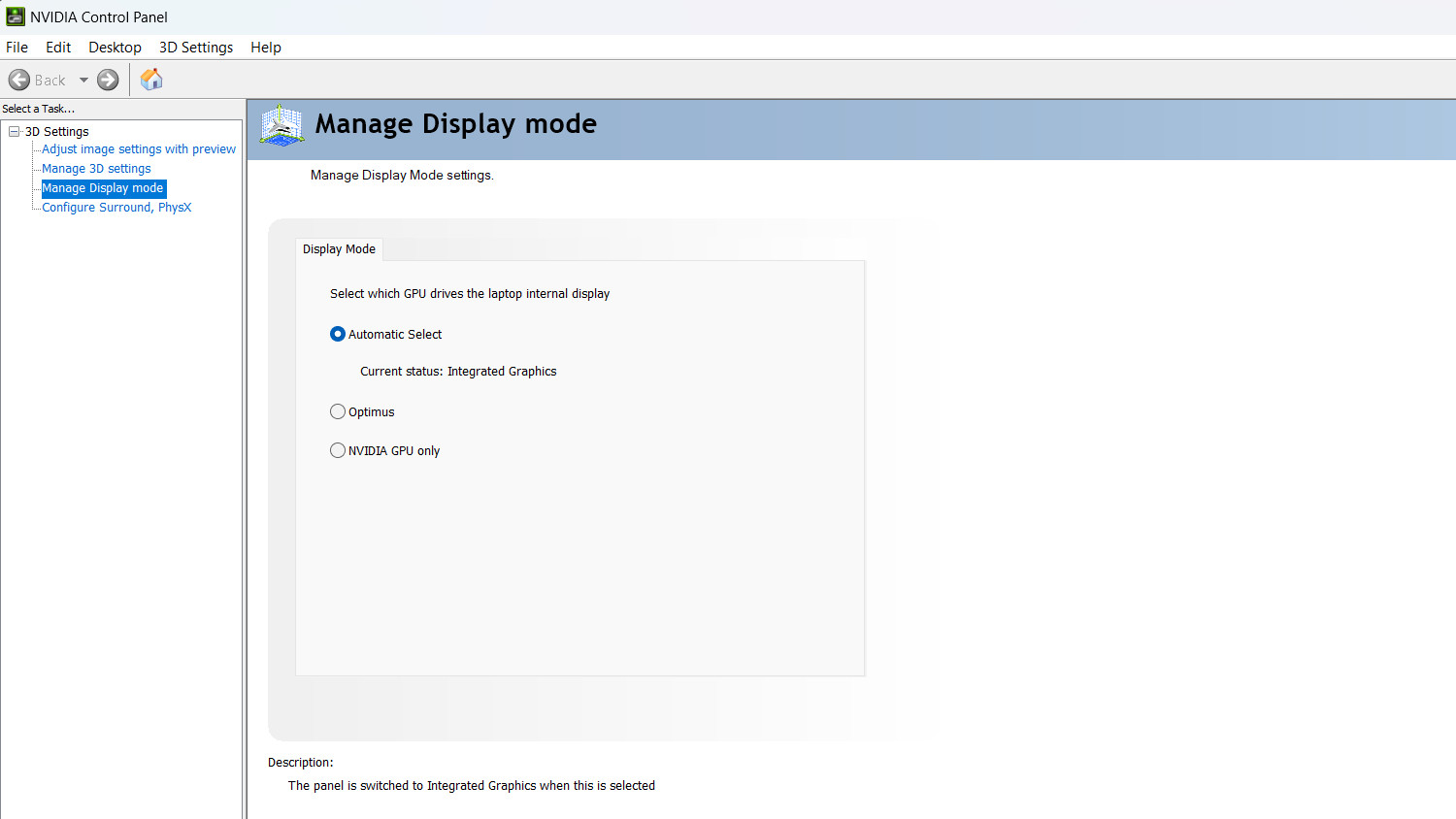 A screenshot of the NVIDIA Control Panel Display Mode options, with Automatic Select highlighted.