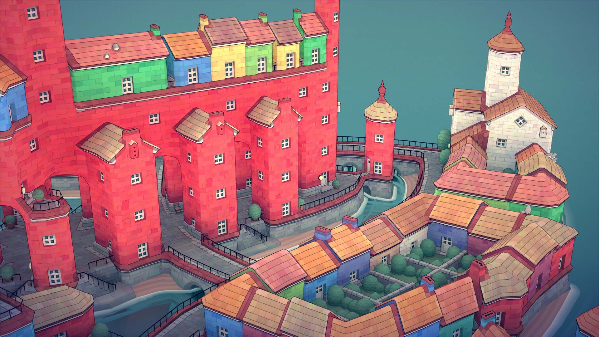 A top-down view of a small town, with multicolored brick buildings.