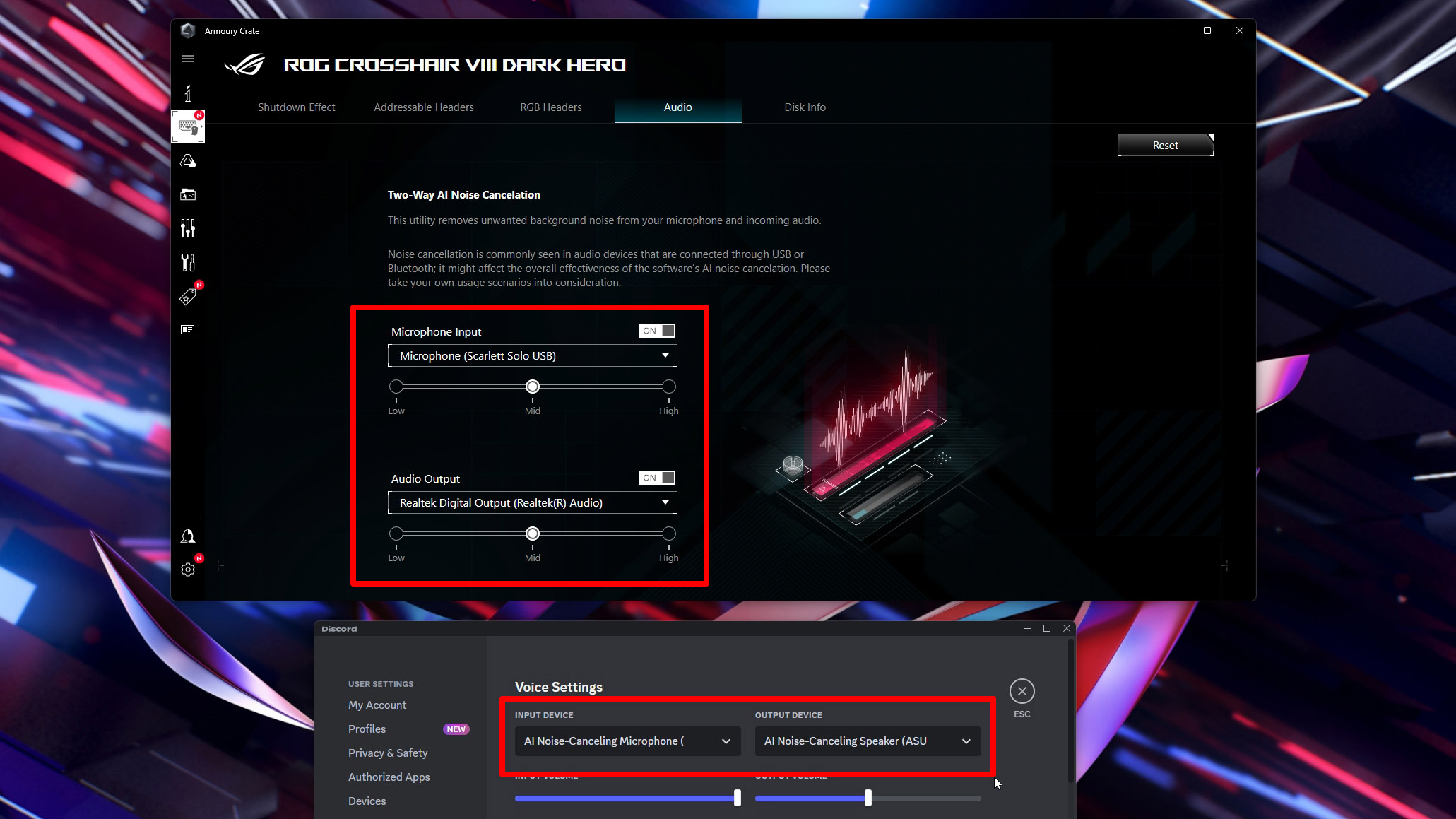 Screenshot of Armoury Crate's audio settings with AI Noise Canceling enabled, and selected in Discord's audio settings.