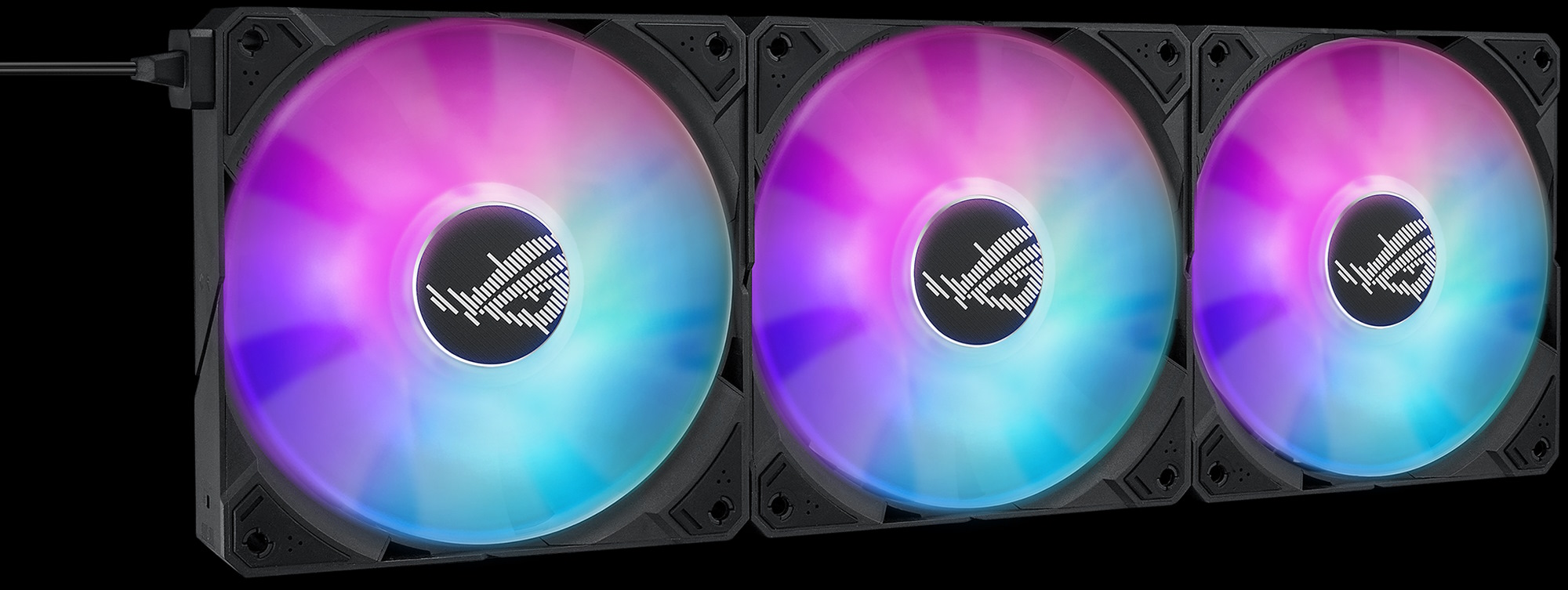 Threee ROG MF-12S ARGB fans connected together in a daisy chain with magnetic connectors