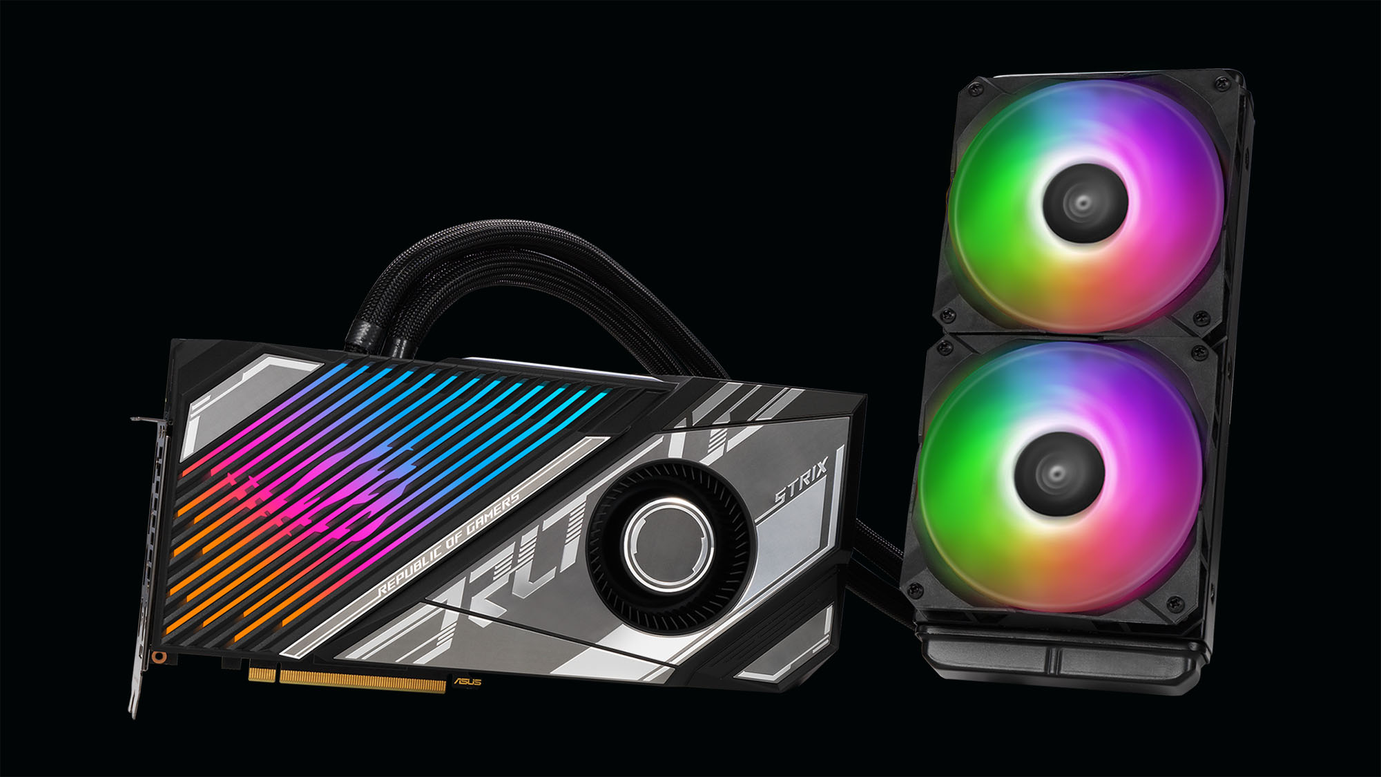 ROG-Strix-LC-GeForce-RTX-4090-angled-top-down-view-highlighting-the-fans-ARGB-element