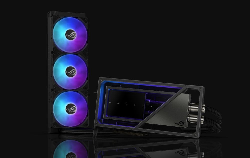 ROG Matrix RTX 4090 mit Flüssigkeitskühlung auf einer spiegelnden Fläche mit aufrechtem Radiator