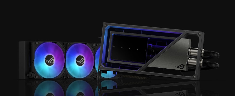 ROG Matrix RTX 4090 mit Flüssigkeitskühlung auf einer spiegelnden Fläche liegend