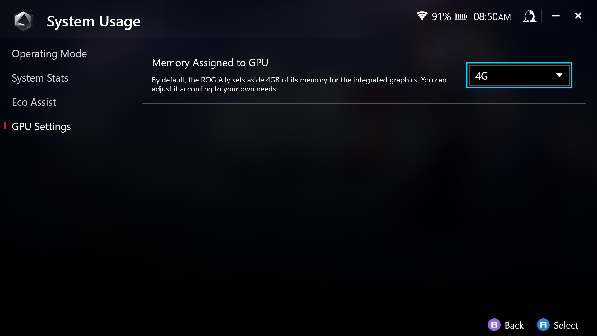A screenshot of Armoury Crate SE's GPU settings.