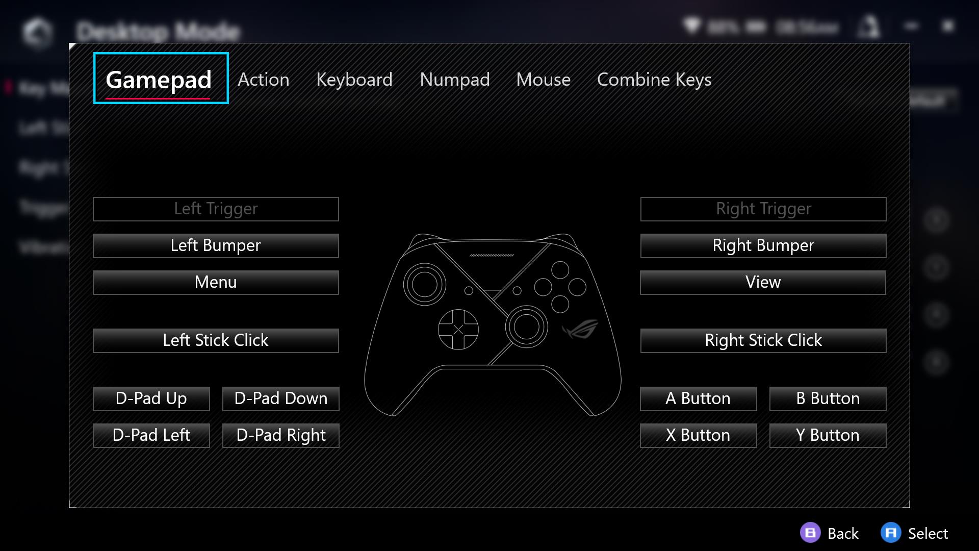 Captura de pantalla que muestra un esquema de un control de juegos, con una lista de diferentes acciones disponibles para cada botón.
