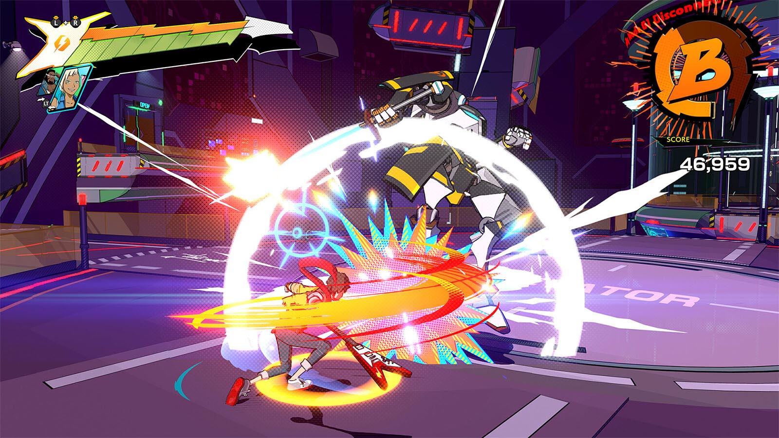 A video game screenshot of a cel-shaded character hitting a giant robot with an electric guitar.