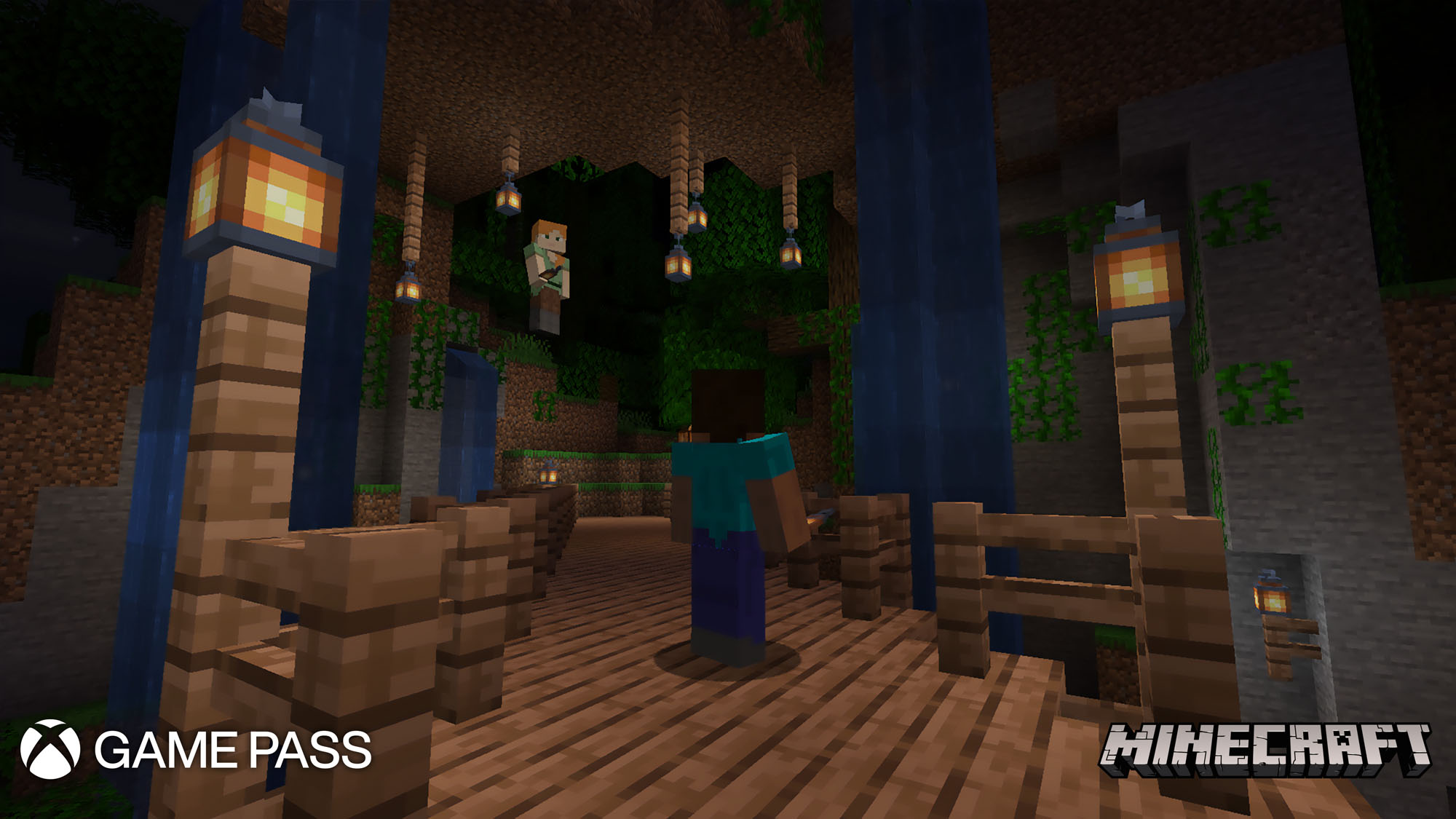 A video game screenshot of blocky Minecraft characters in a below-ground cavern.