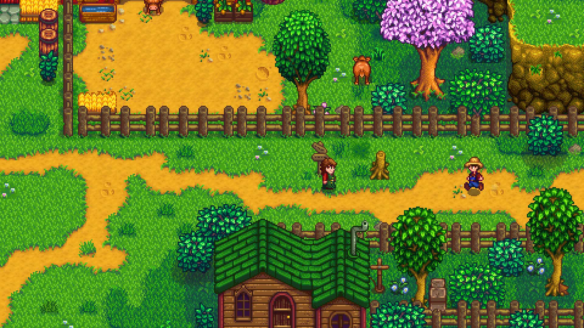 A video game screenshot of a farmer in a field.