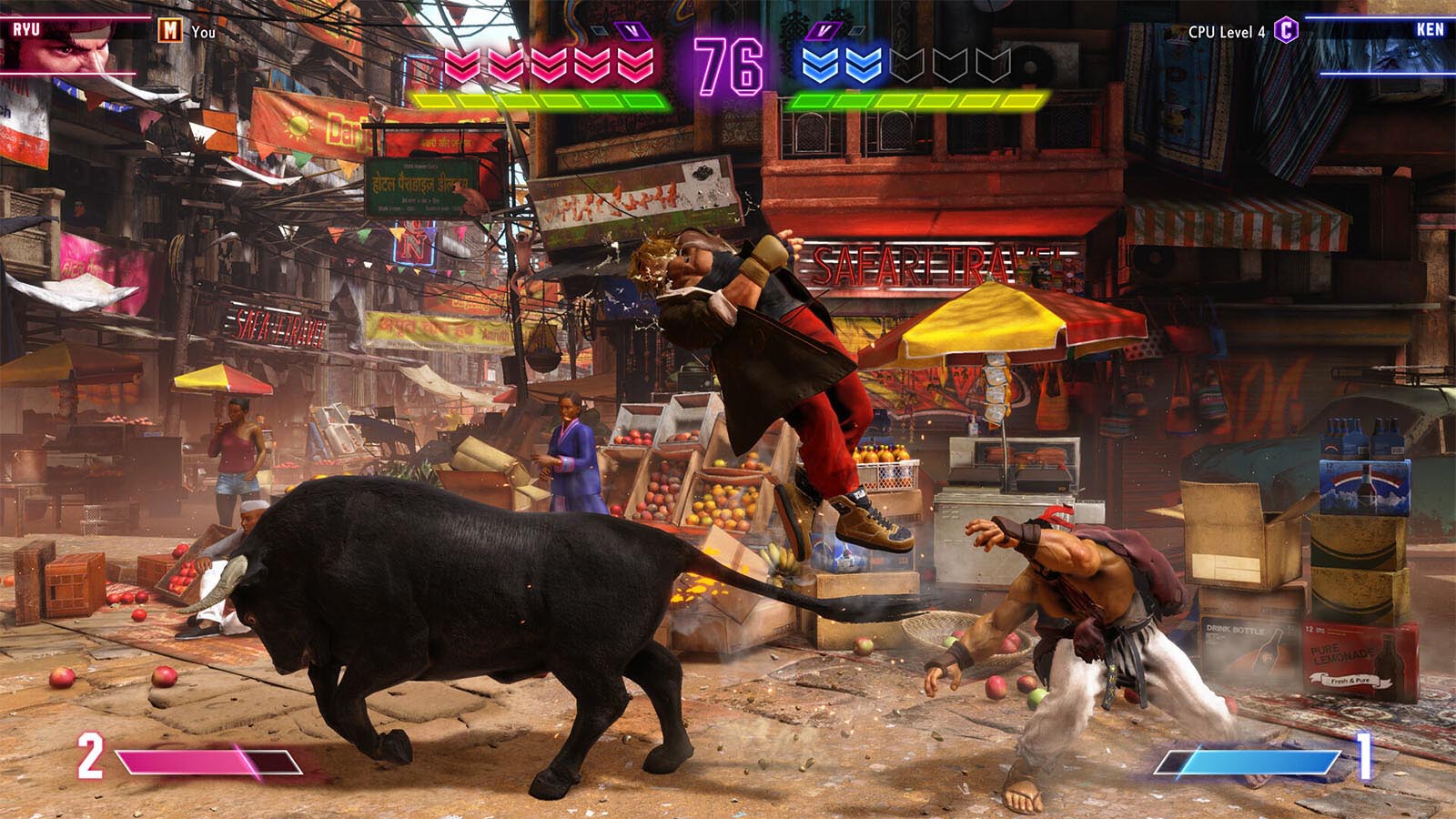 A video game screenshot of two fighters in the streets of a city, a bull tossing one into the air.