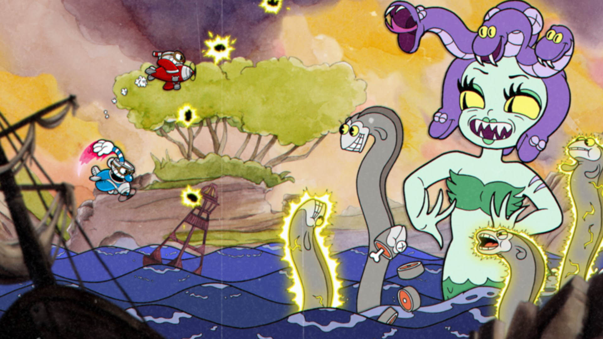 A video game screenshot of old-timey cartoon characters flying planes toward a medusa-like monster.