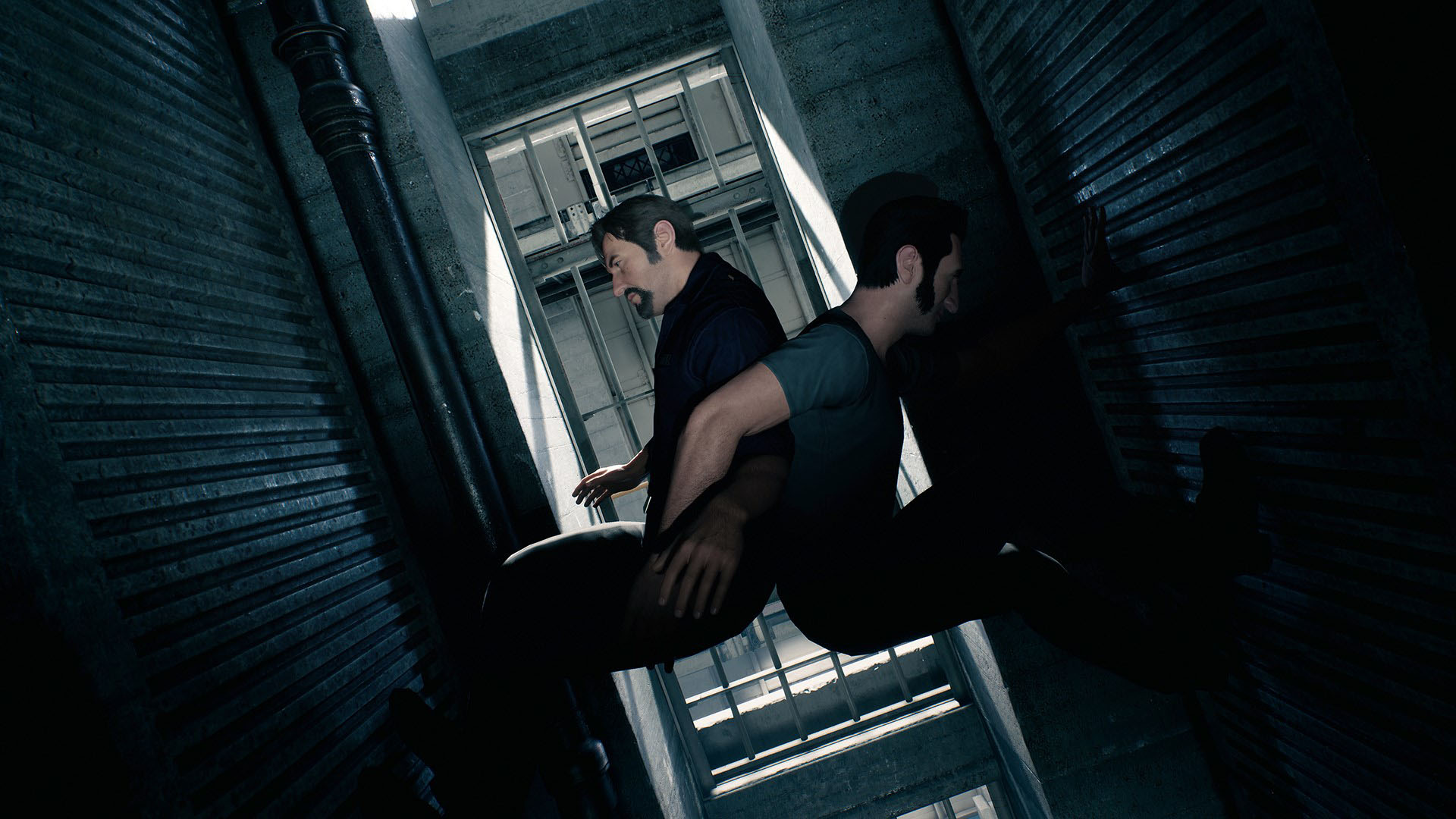 A video game screenshot of two prisoners climbing up a tight corridor with their arms locked together