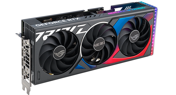 ROG-Strix-GeForce-RTX-4060-Ti-angled-top-down-view,-highlighting-the-fans,-ARGB-element,-and-IO-ports-
