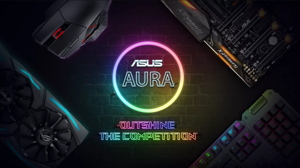 ASUS Aura Adaptive Colour und Aura Wallpaper Creator als Beispielhintergrund mit Slogan: Outshine the Competition