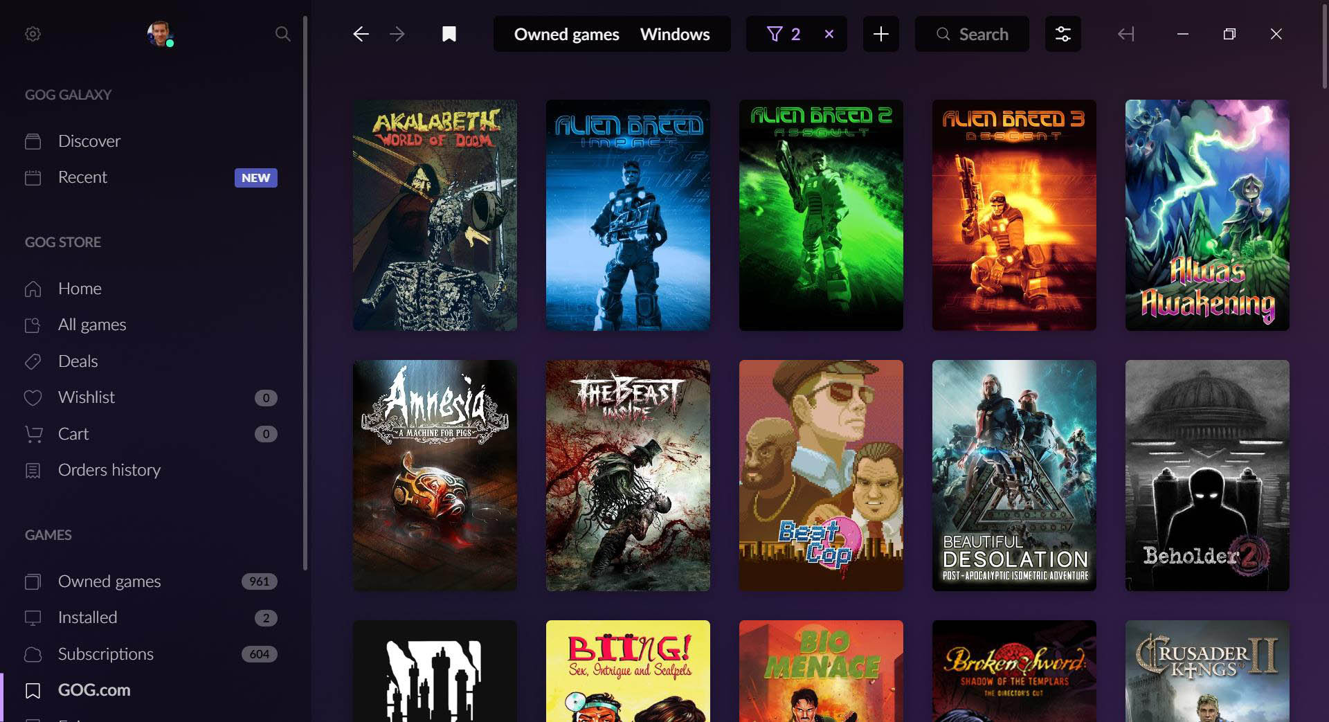 A screenshot of the GOG Galaxy game launcher.