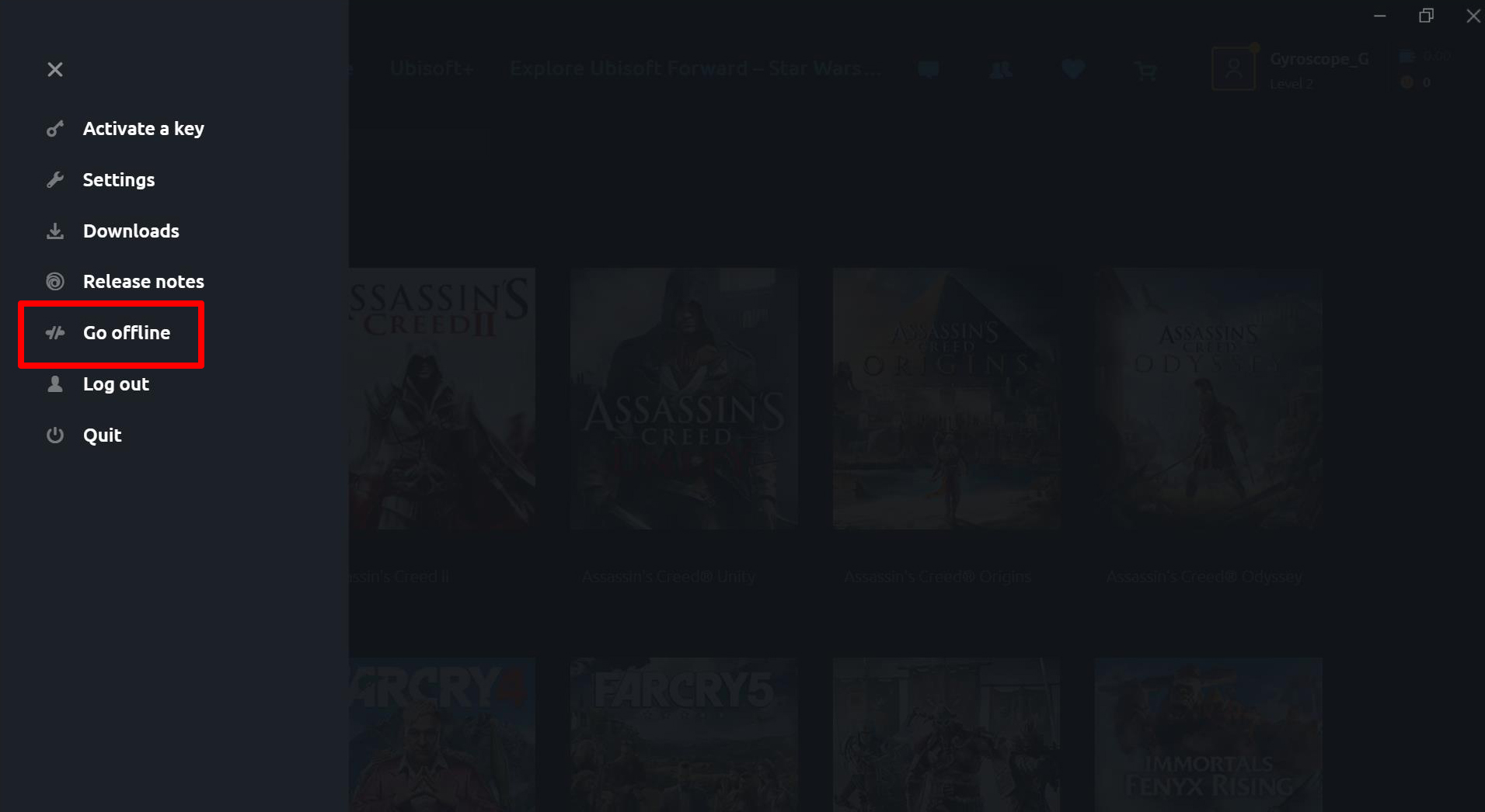 A screenshot of the Ubisoft Connect launcher with the Go Offline option highlighted.