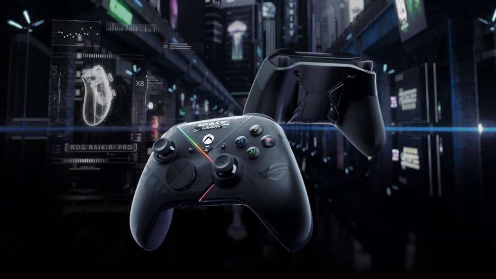 ROG Raikiri Pro Gamepad von beiden Seiten vor einem urbanen Hintergrund