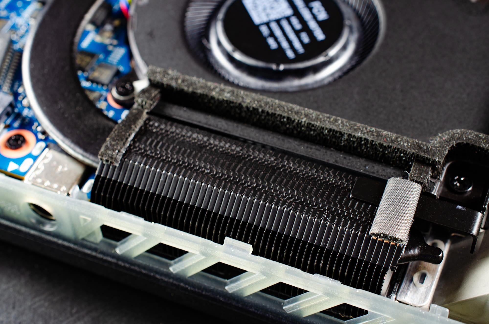 A closeup shot of a side heatsink of the ROG Strix SCAR 18 showing the dense array of ultra-thin fins