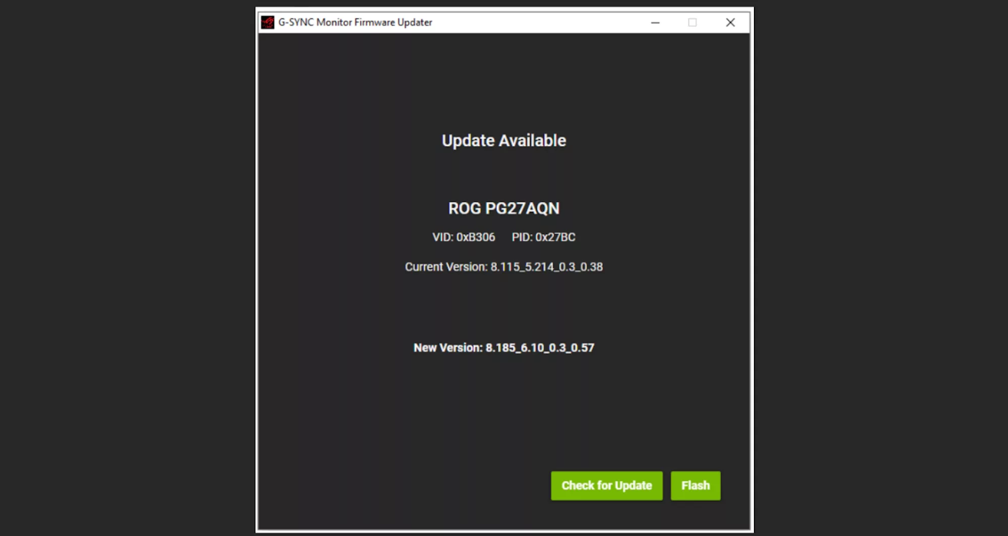 Ein Screenshot des Installationsprozesses zeigt den Bildschirm, der erscheint, wenn das Firmware-Update für das PG27AQN verfügbar ist und du es flashen kannst