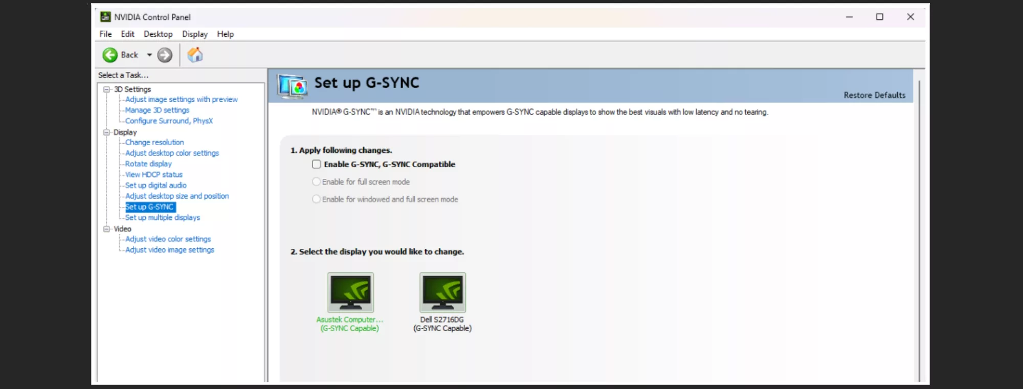 Ein Screenshot der NVIDIA Systemsteuerung zeigt, wie du die variable Bildwiederholrate von G-SYNC deaktivieren kannst