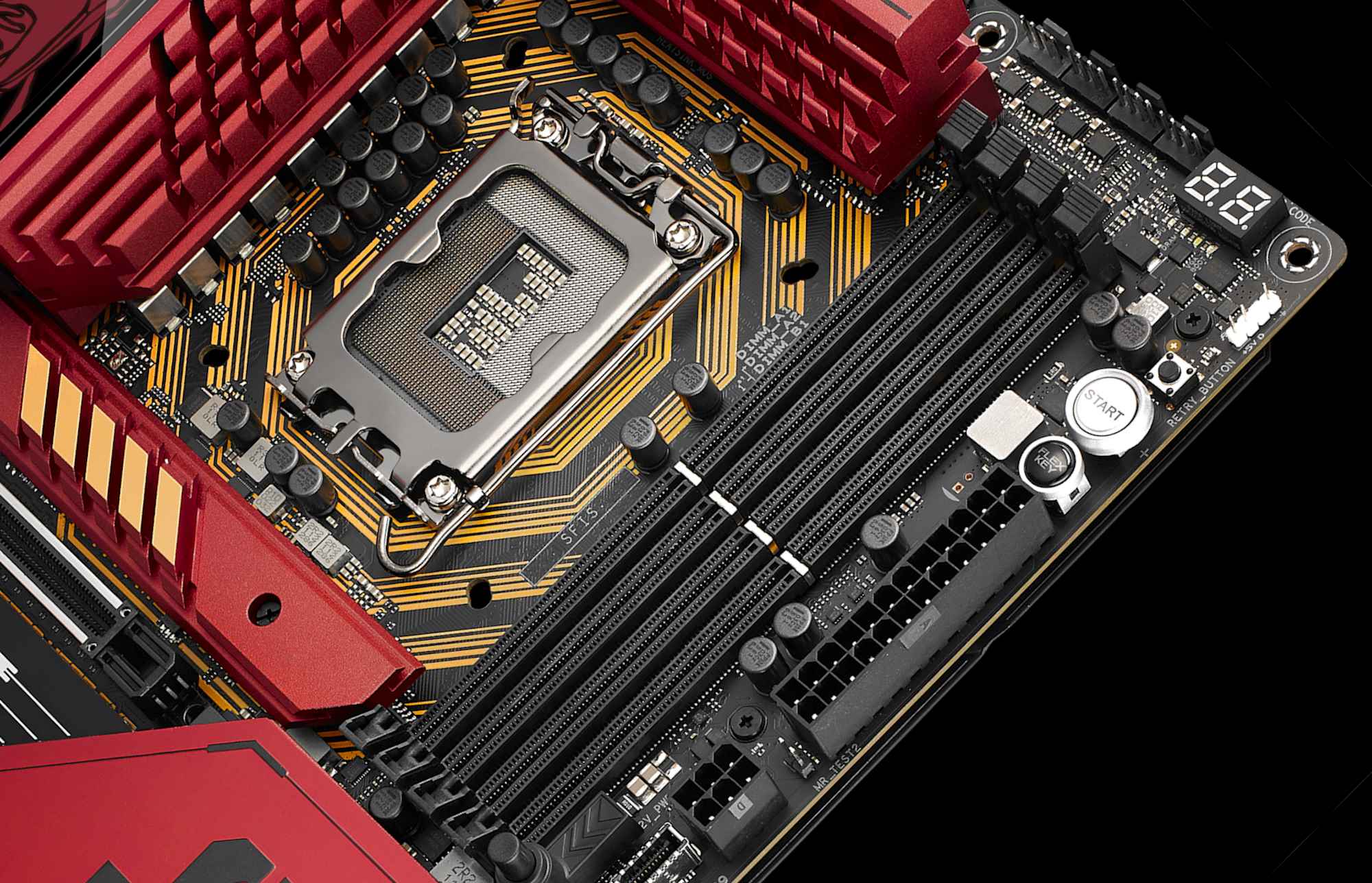 A closeup of the CPU socket and debugging indicators on a gaming motherboard