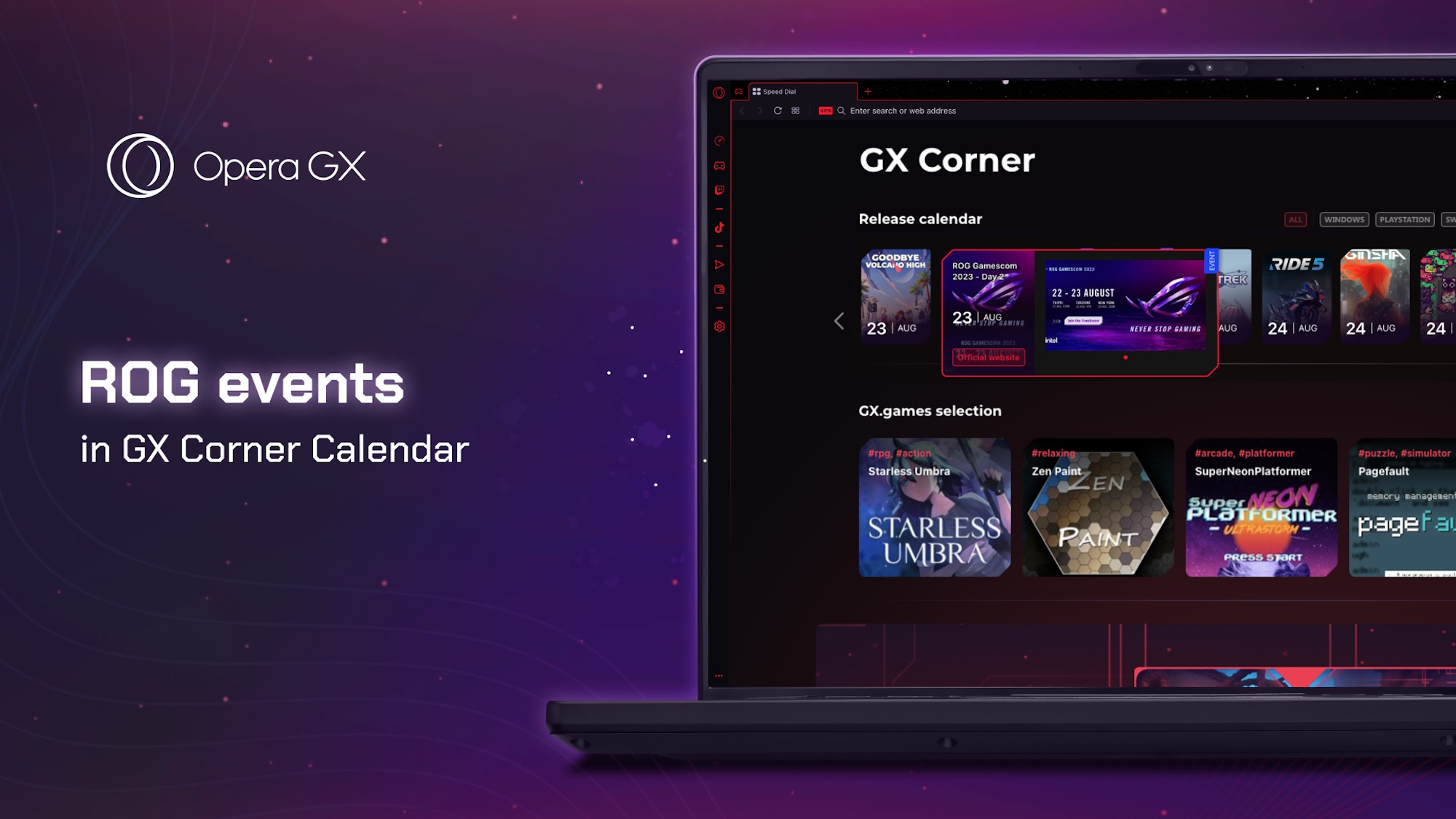 An infographic showing that ROG Events are visible through the GX Corner Calendar in the Opera GX ROG Broswer