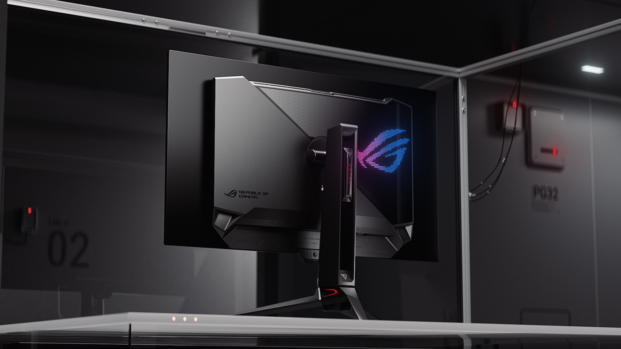The ROG Swift OLED PG32UCDM on a gaming desk from a rear view with cyberpunk industrial background