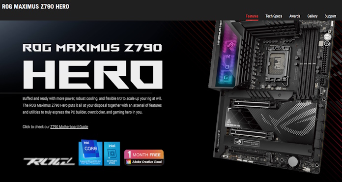 Ein Screenshot der Produktseite für das ROG Maximus Z790 Hero Mainboard mit dem Link zur Support-Website