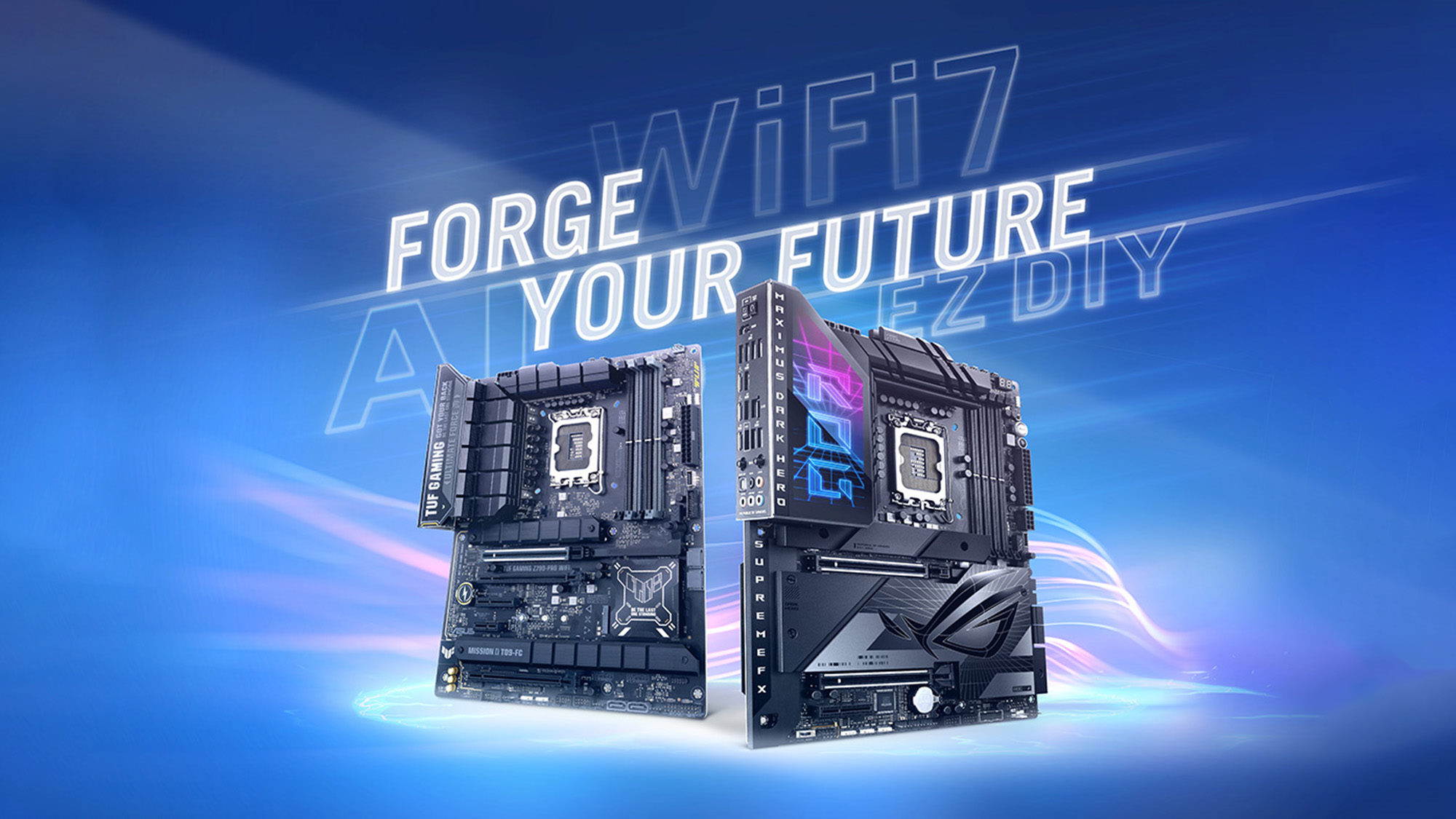 two ROG Z790 motherboards against a stylized blue background with the words 'Forge Your Future'