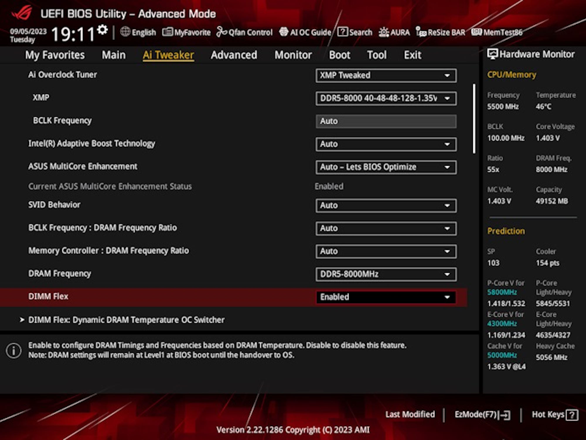 A screenshot of the UEFI BIOS showing where to enable DIMM Flex in the AI Tweaker menu