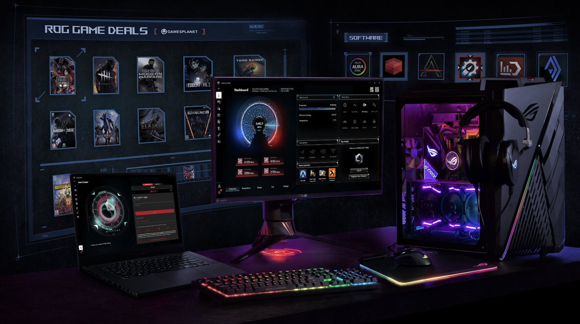 A full gaming PC setup with the Armour Crate app visible on the monitor