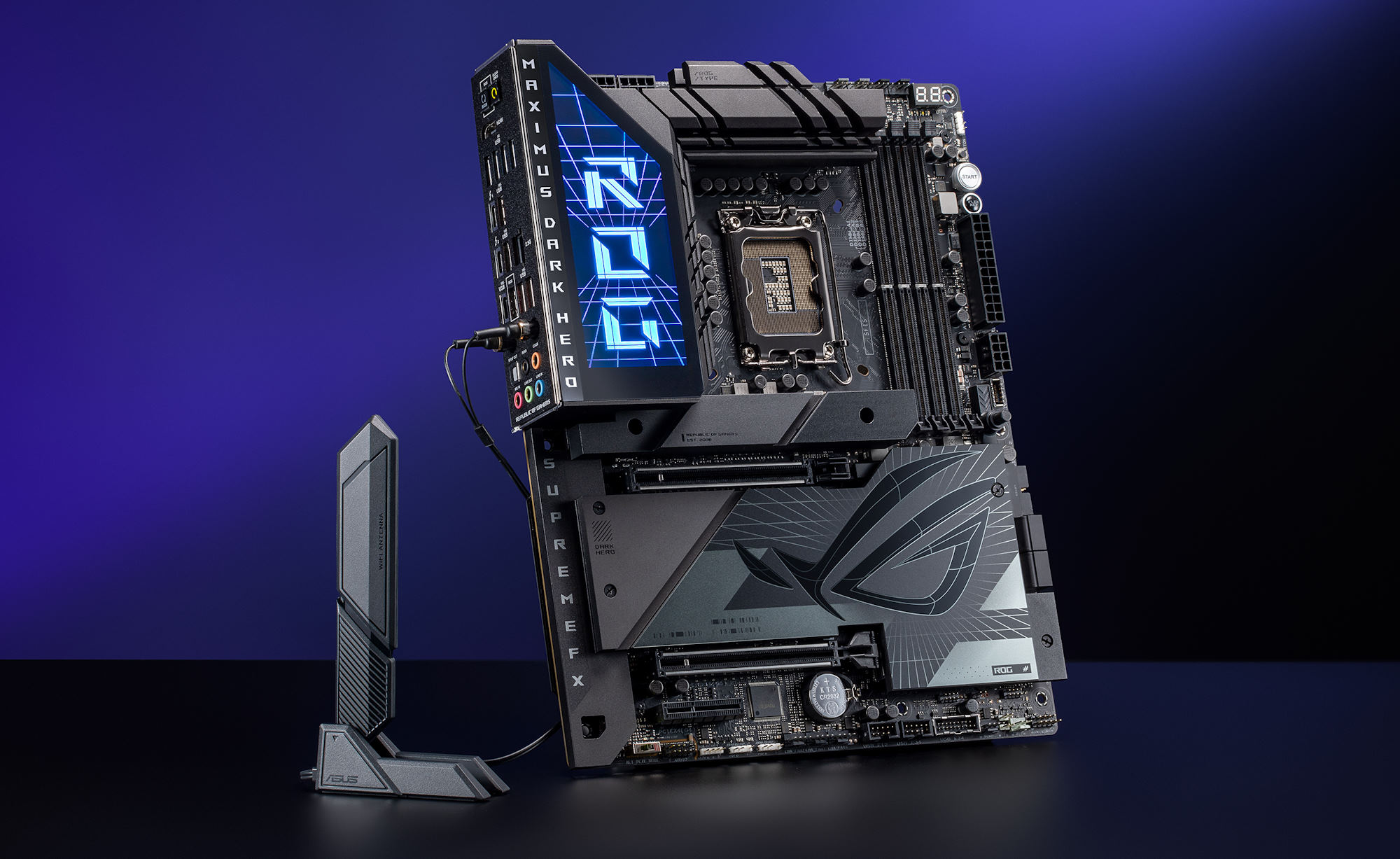 The ROG Maximus Z790 Dark Hero motherboard on a table with the ASUS WiFi Q-Antenna attached