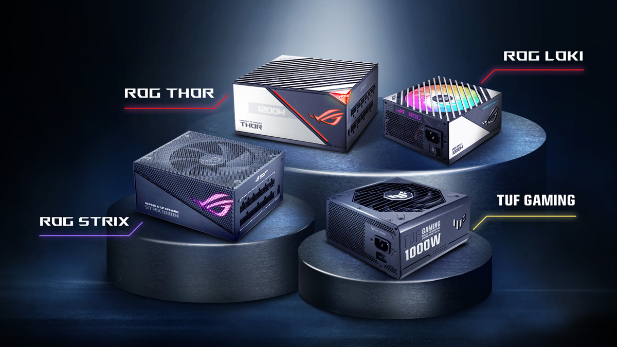 Four ROG power supplies sitting on a pedestal on a black background.