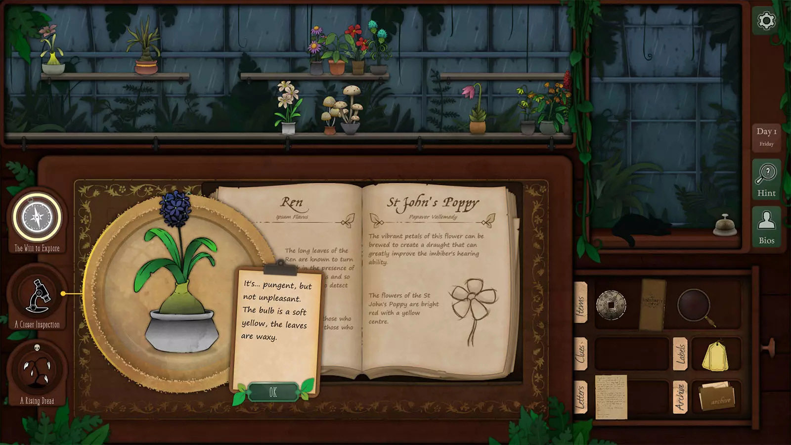A video game screenshot of different flowers and plants on a shelf, with a book showing text describing them.
