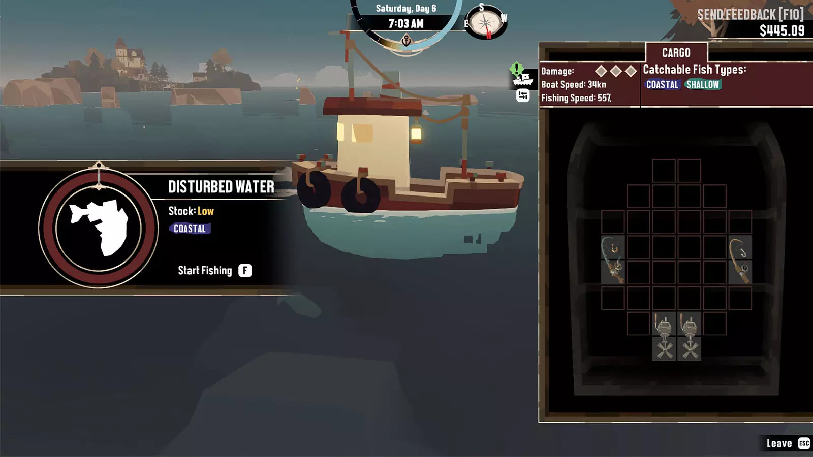 A small boat floating in the water with video game stats visible.