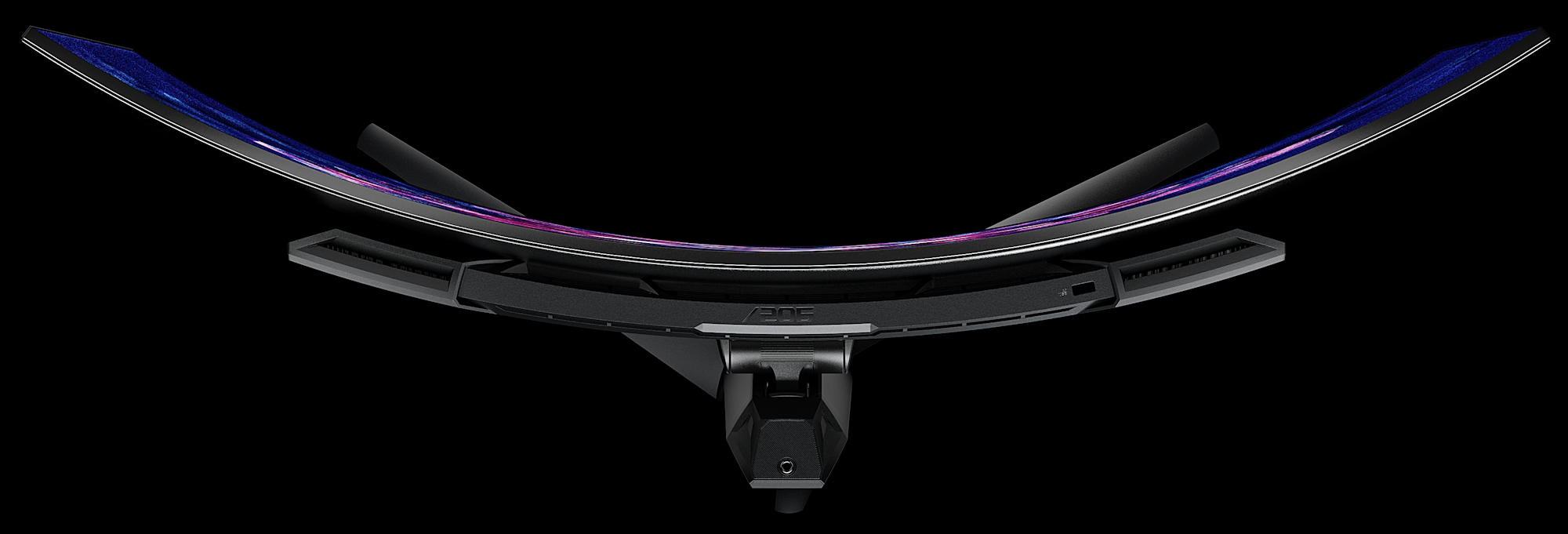 A top-down view of the ROG Swift OLED PG39WCDM curved monitor on a black background.