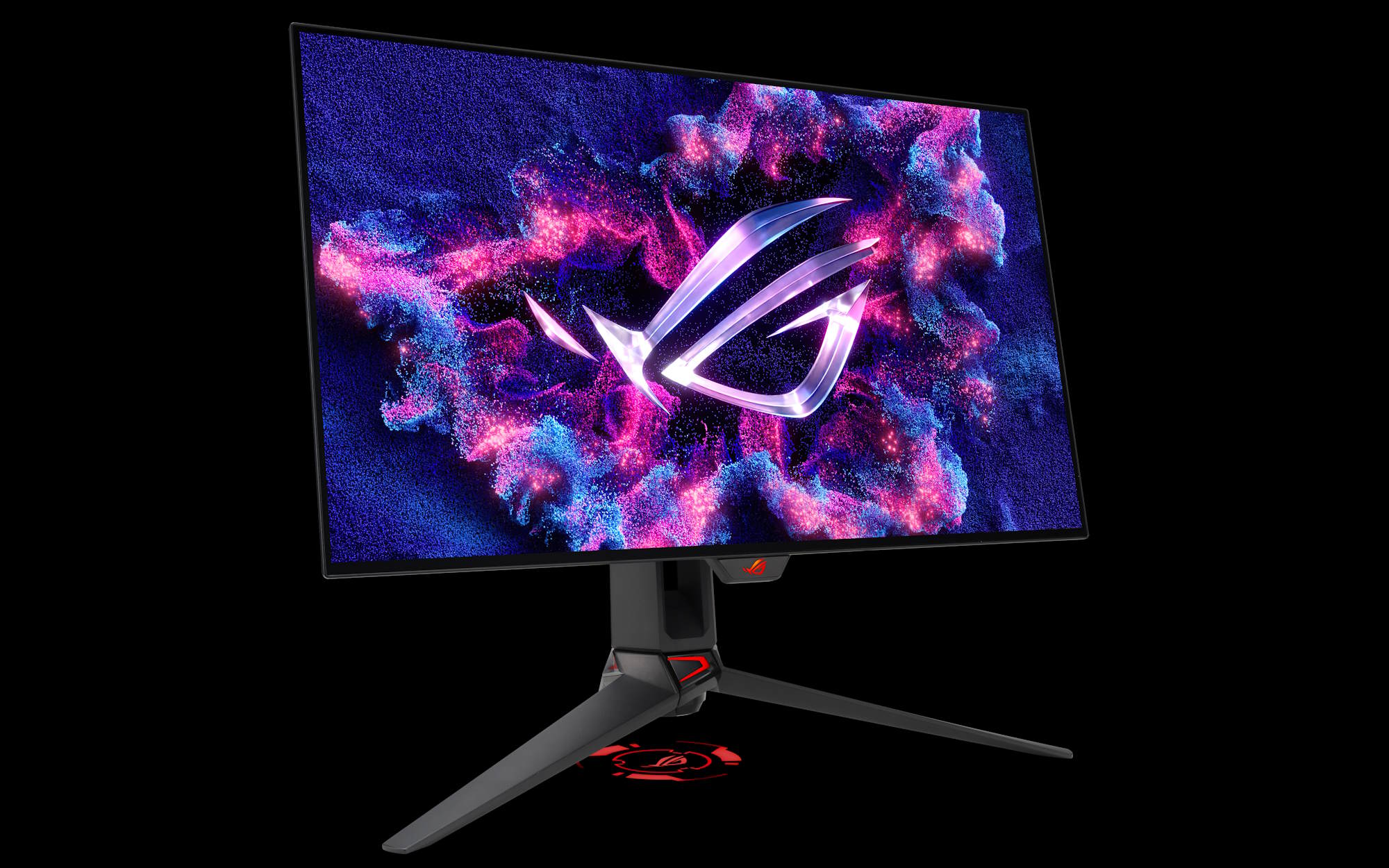 The ROG Swift OLED PG27AQDP monitor on a black background.
