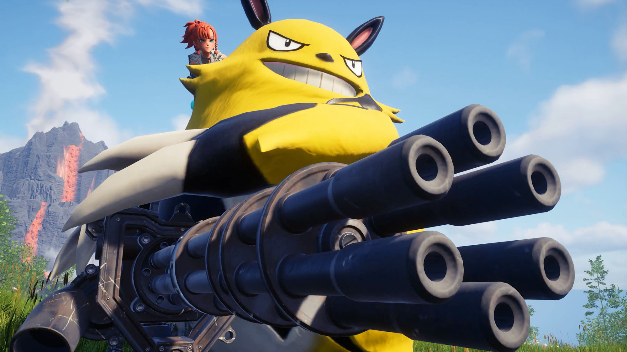 A cartoonish girl riding a large yellow creature holding a large minigun.