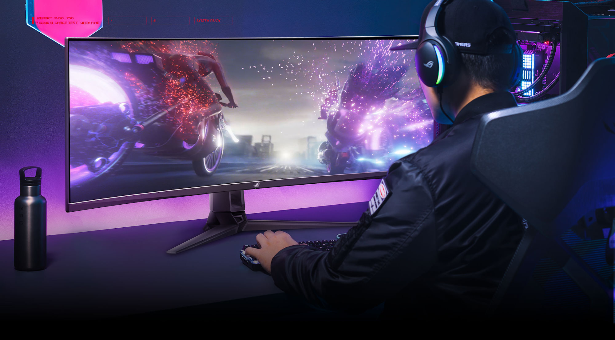 A gamer playing a t afull desktop PC gaming setup including the ROG Swift OLED PG49WCD gaming monitor