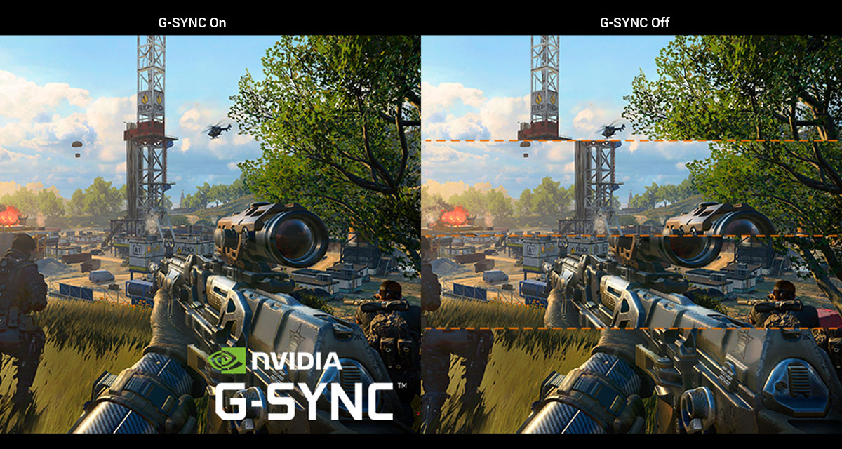 Two screenshots of a first-person shooter video game, one with G-SYNC Off showing screen tearing in the image.