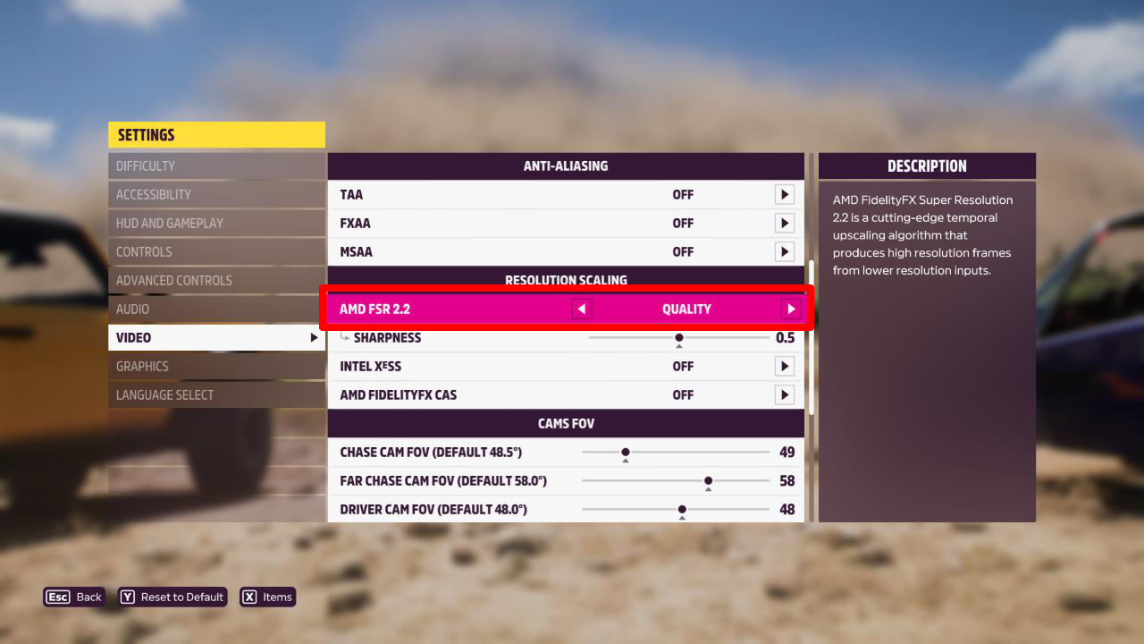 The Forza Horizon 5 graphics settings, with FSR 2.2 visible and set to Quality.