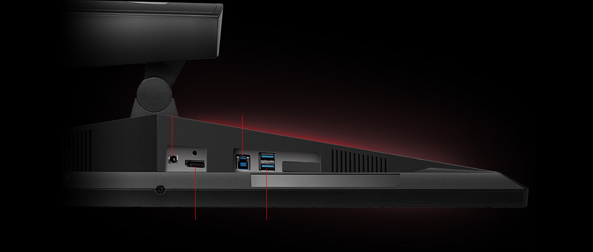 A bottom view of an ROG monitor with DisplayPort and USB ports visible.