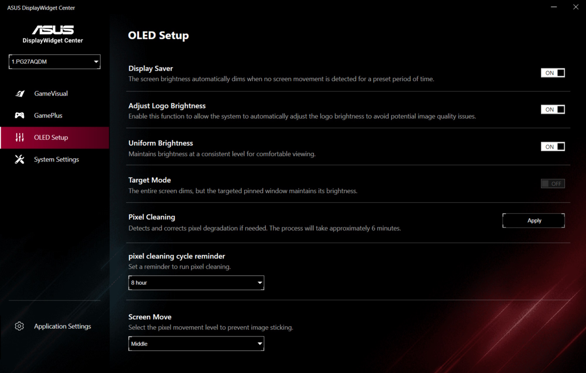 Ein Screenshot der ASUS Display Widget App mit einem Blick auf die Optionen zum verhindern von OLED Burn-In