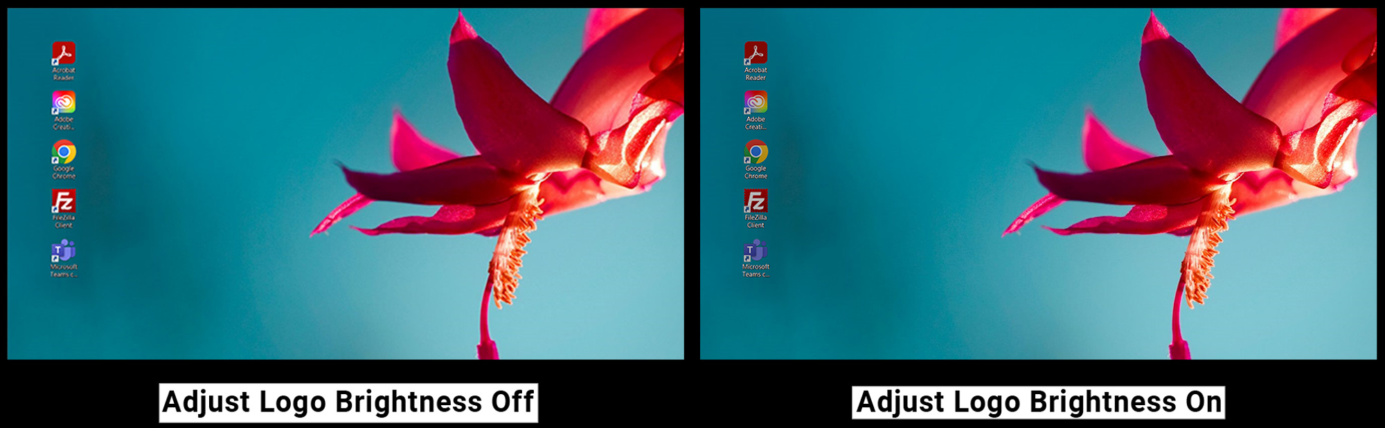 An off/on comparison of the Adjust Logo Brightness feature in ASUS OLED Care