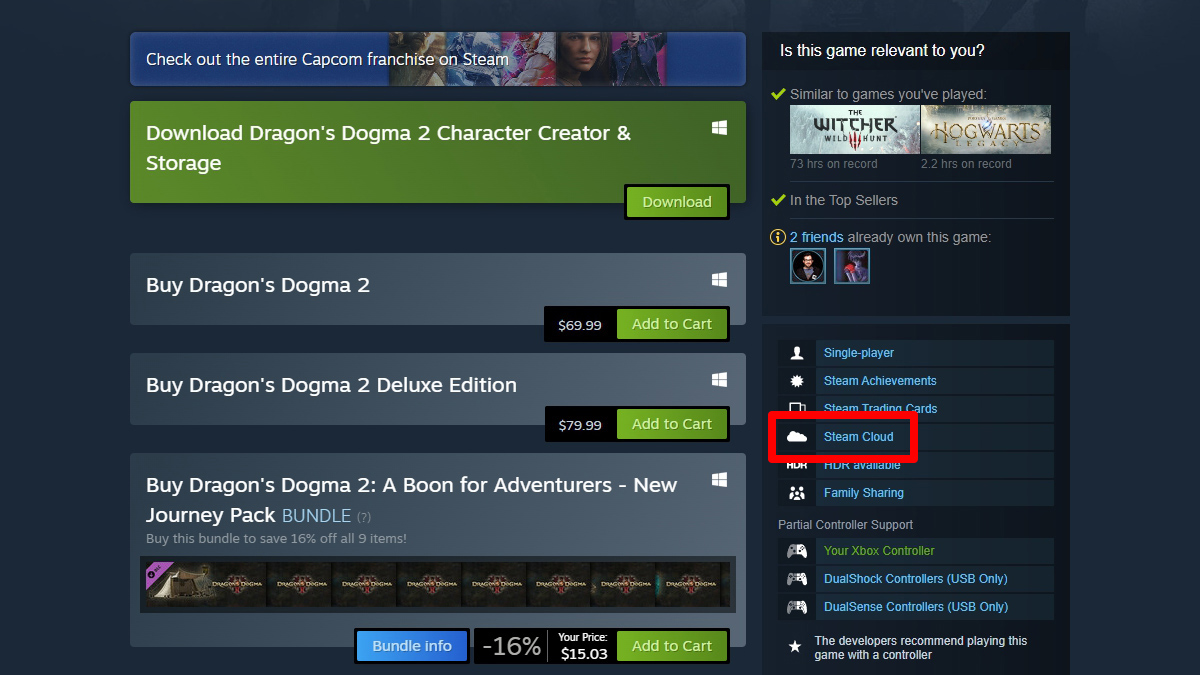 Screenshot of a Steam store listing with Steam Cloud highlighted.