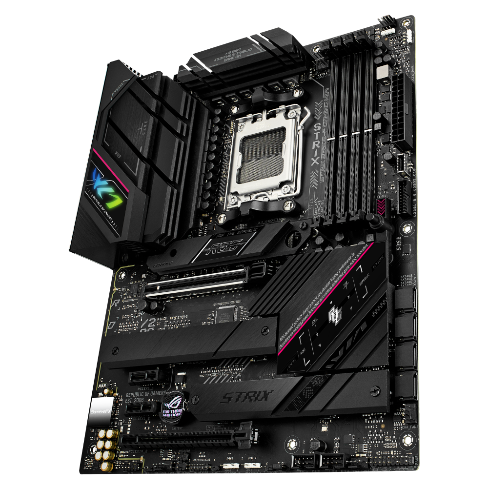 ROG STRIX B650E-F GAMING WIFI Mainboard in aufrechter Pose